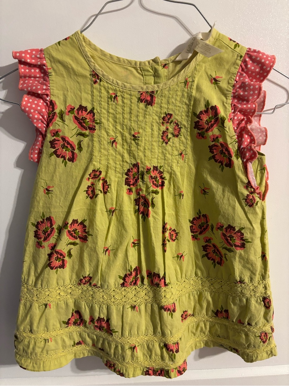 Matilda Jane Lime Green Floral Tank with Pink Polka-Dot Ruffle Sleeves